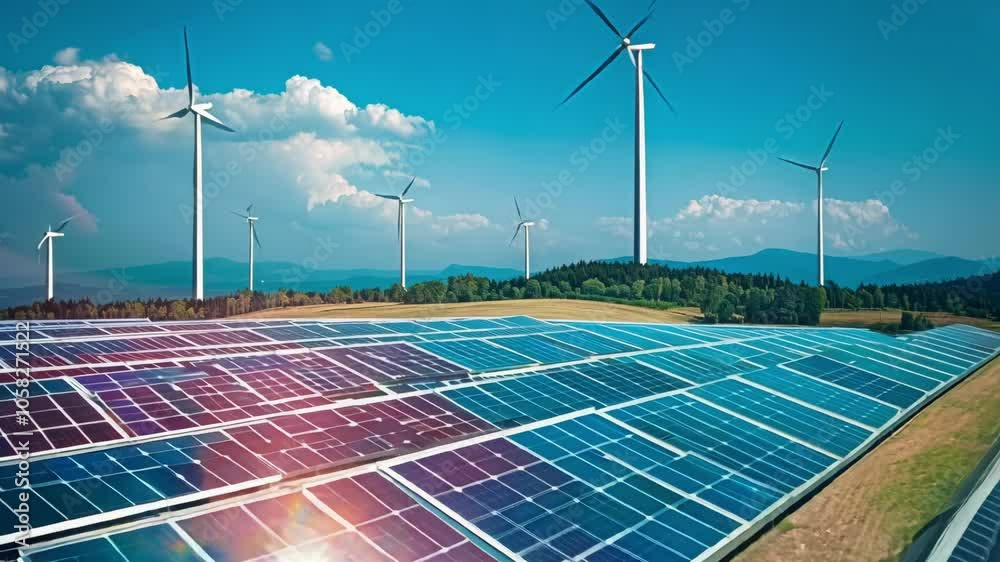 Sustainable energy landscape with solar panels and wind turbines under blue sky, showcasing renewable energy sources and innovative technology for better environment.