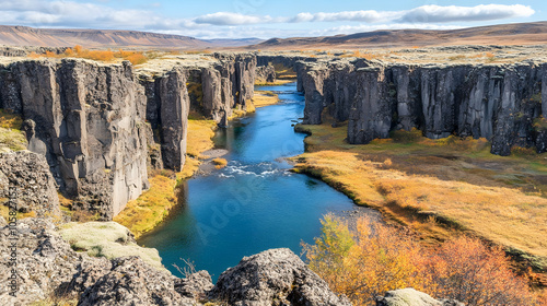 A stunning aerial view of a canyon carved by a river in Iceland, showcasing the dramatic beauty of the landscape.