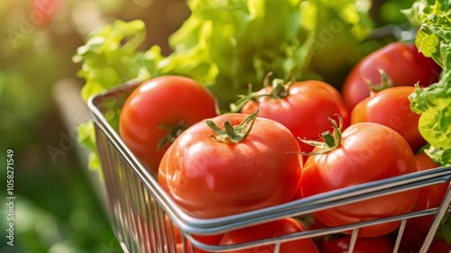 Fresh red tomatoes in a basket with healthy vegetables photo