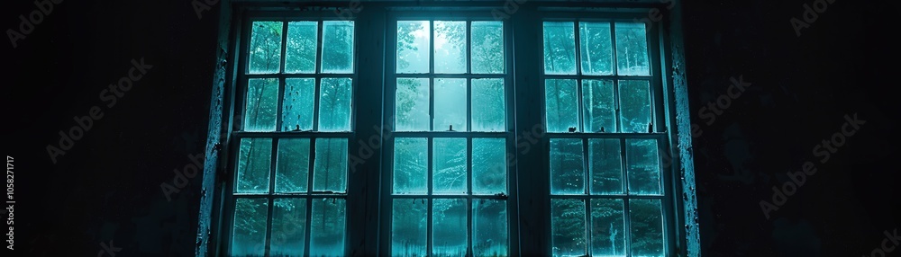 A window with three panes of glass and a blue tint A window with three panes of glass and a blue tint