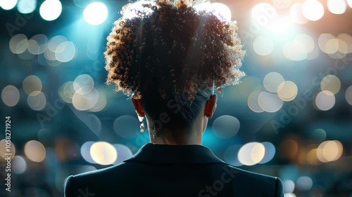 woman with curly hair stands in front of bright stage lights, creating captivating atmosphere, her silhouette visible against audience in blurred background.