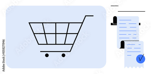 Shopping cart outline with rolling wheels to the left and a detailed receipt on the right. Ideal for e-commerce, retail transactions, shopping experiences, financial tracking, and digital receipts