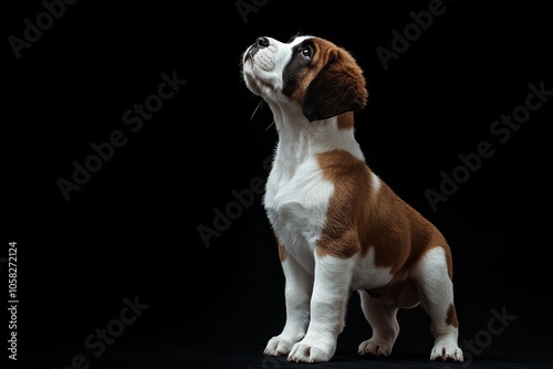 the beside view baby Saint Bernard standing, left side view, low angle, white copy space on right, Isolated on black Background