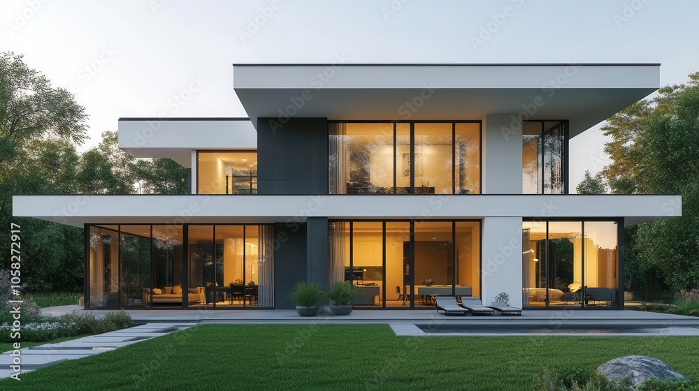 Modern minimalist home with clean lines, large windows, and open floor plan, taken in bright natural lighting, ultrarealistic photo, wideangle lens capturing full exterior Modern minimalist home with clean lines, large windows, and open floor plan, taken in bright natural lighting, ultrarealistic photo, wideangle lens capturing full exterior