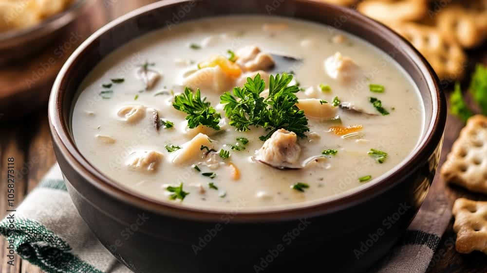 A warm assortment of soups with mushrooms, chicken, and vegetables in a cozy bowl A warm assortment of soups with mushrooms, chicken, and vegetables in a cozy bowl