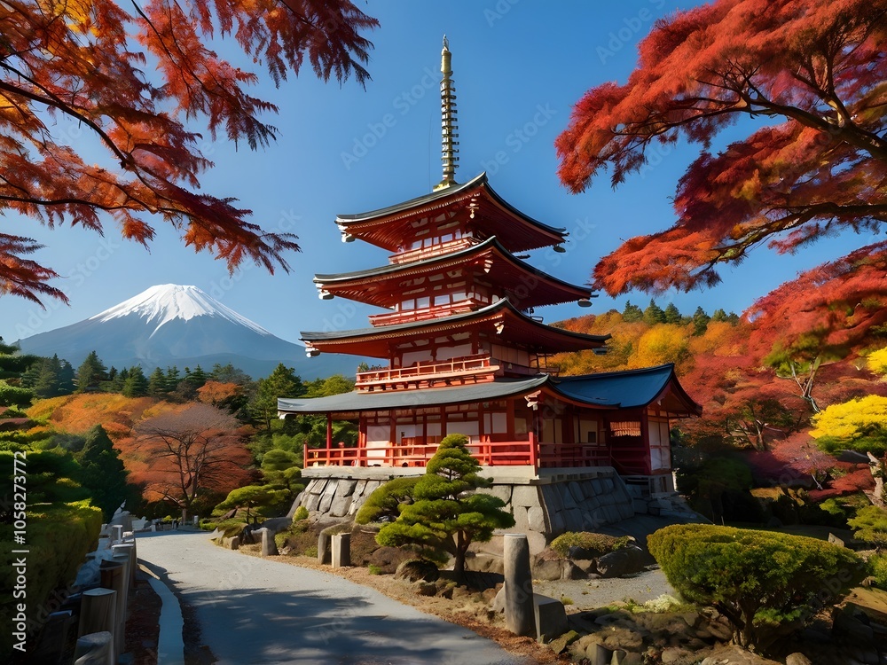 Japanese Pagoda with Mount Fuji and Autumn Foliage Japanese Pagoda with Mount Fuji and Autumn Foliage