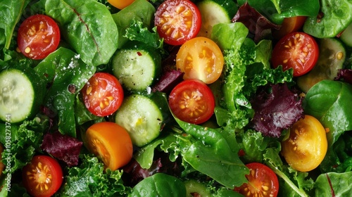 Overhead view of a fresh salad with a variety of vegetables such as spinach, kale, and cherry