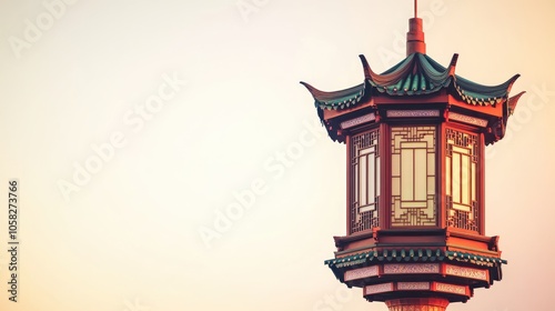 Ornate Asian-style lantern against a soft sunset background.