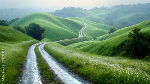 A Narrow Rural Road Winding Through Rolling Hills, Bathed in Soft Evening Light 