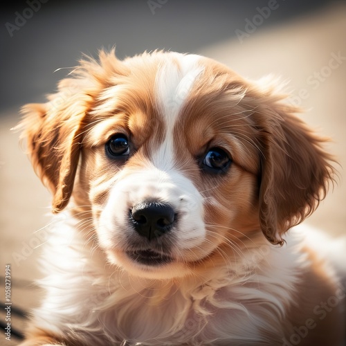 cute dog, soft fur, innocent eyes, close-up portrait, warm lighting, wet nose, detailed fur texture, bokeh background, expressive face, natural colors, endearing expression