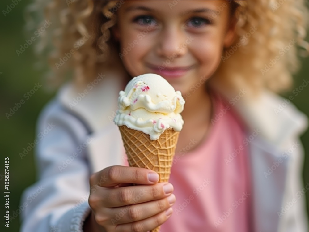 Young Girl Enjoying an Ice Cream Cone While Smiling Outdoors in the Park During a Sunny Day in the Afternoon Young Girl Enjoying an Ice Cream Cone While Smiling Outdoors in the Park During a Sunny Day in the Afternoon
