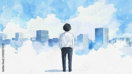 A person in a shirt and pants stands facing a city skyline under a bright blue sky, creating an impression of contemplation and aspiration.