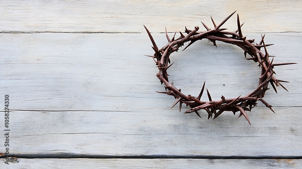 Fototapeta premium A symbolic image of a crown of thorns resting on a weathered rustic wooden table, evoking themes of sacrifice, faith, and Christian symbolism