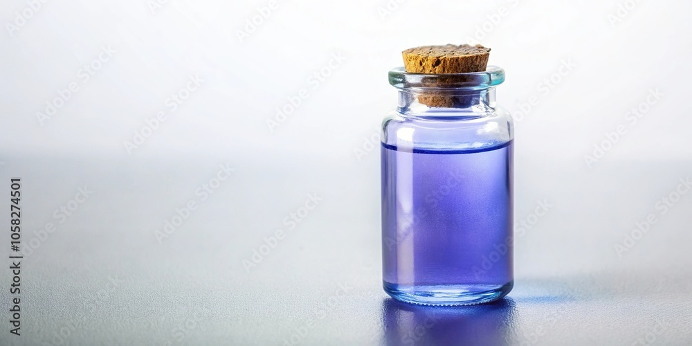 A periwinkle-hued glass vial contains a gloopy, translucent substance on an isolated white background, white background, gooey substance, isolated setting, scientific discovery A periwinkle-hued glass vial contains a gloopy, translucent substance on an isolated white background, white background, gooey substance, isolated setting, scientific discovery
