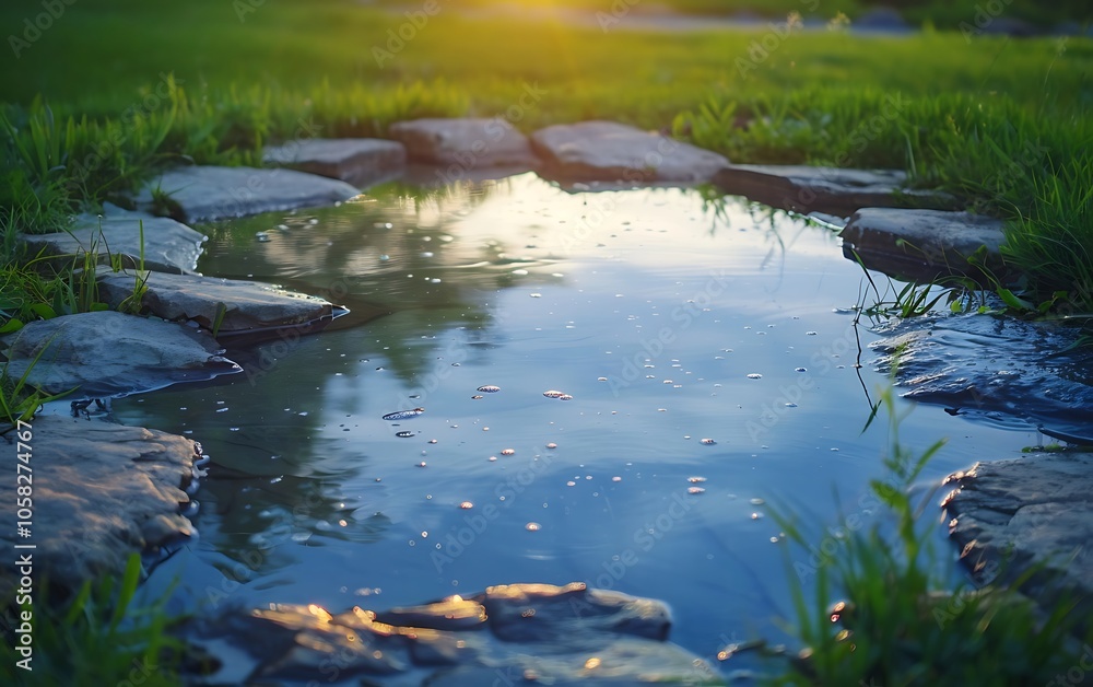 Obraz premium A serene pond reflects the sky, surrounded by stones and lush grass, capturing a peaceful natural setting at sunset.
