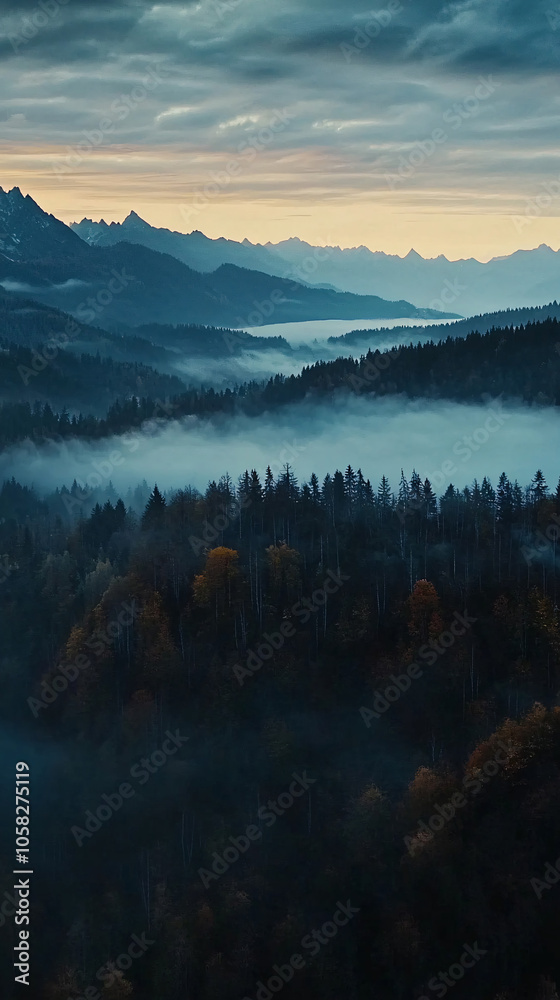Misty foggy mountain landscape with fir forest and copyspace Misty foggy mountain landscape with fir forest and copyspace