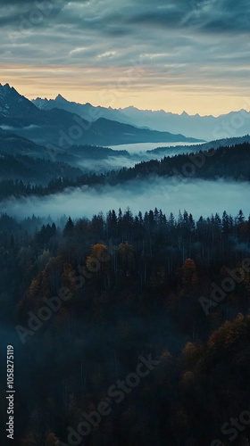 Misty foggy mountain landscape with fir forest and copyspace