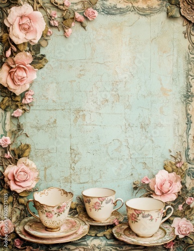 Ornate tea set with pink roses on turquoise background with floral border
