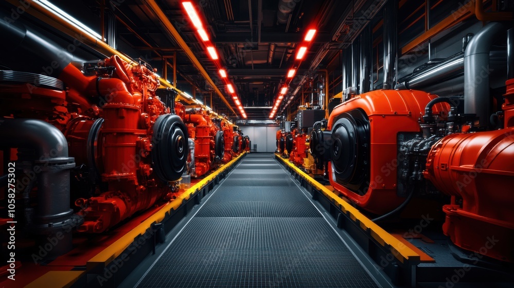 Naklejka premium Industrial Engine Room with Emergency Lighting Effects