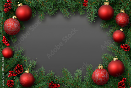 Christmas border with 3D red baubles and green fir branches, festive holiday vibe