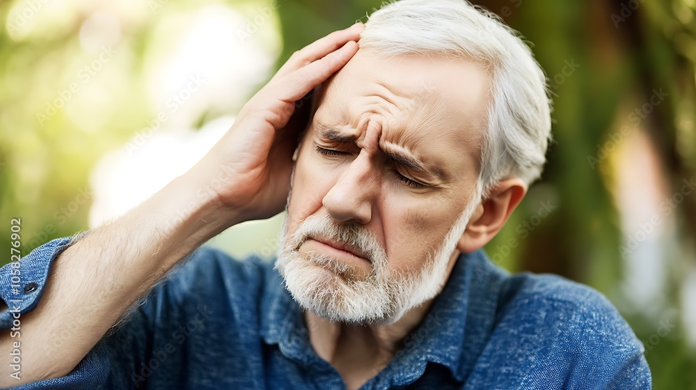 Closeup of an elderly man gripping his head in pain, a look of discomfort evident on his face Closeup of an elderly man gripping his head in pain, a look of discomfort evident on his face