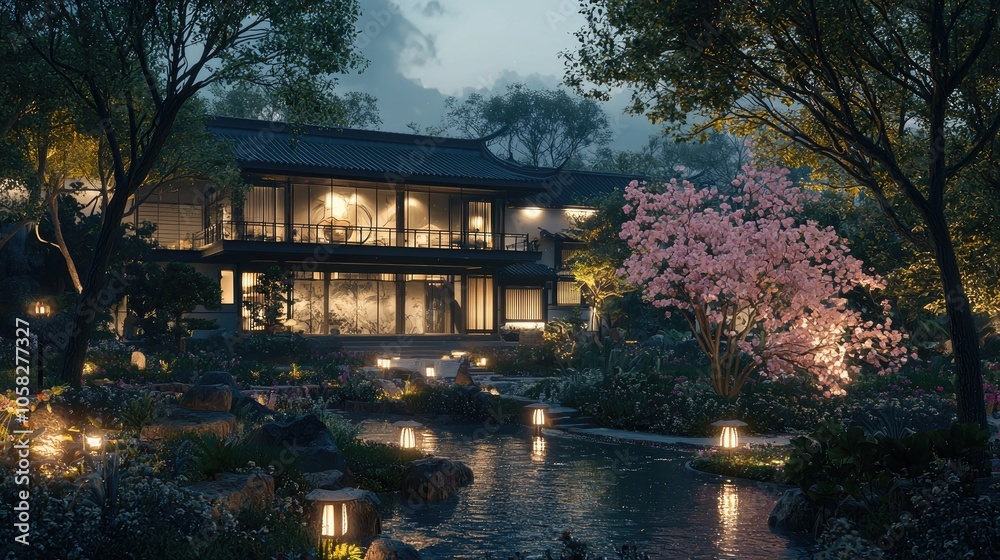 Fototapeta premium a big fancy modern house with traditional chinese and japanese architectul elements, surrounded by a garden with japanese and chinese flowers 
