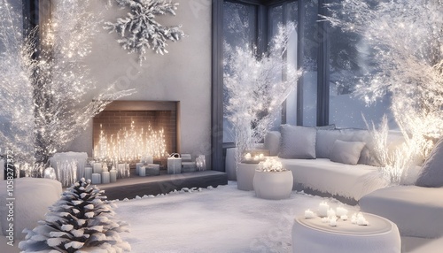 Cozy Winter Living Room with Snow-Covered Furnishings and a Fireplace