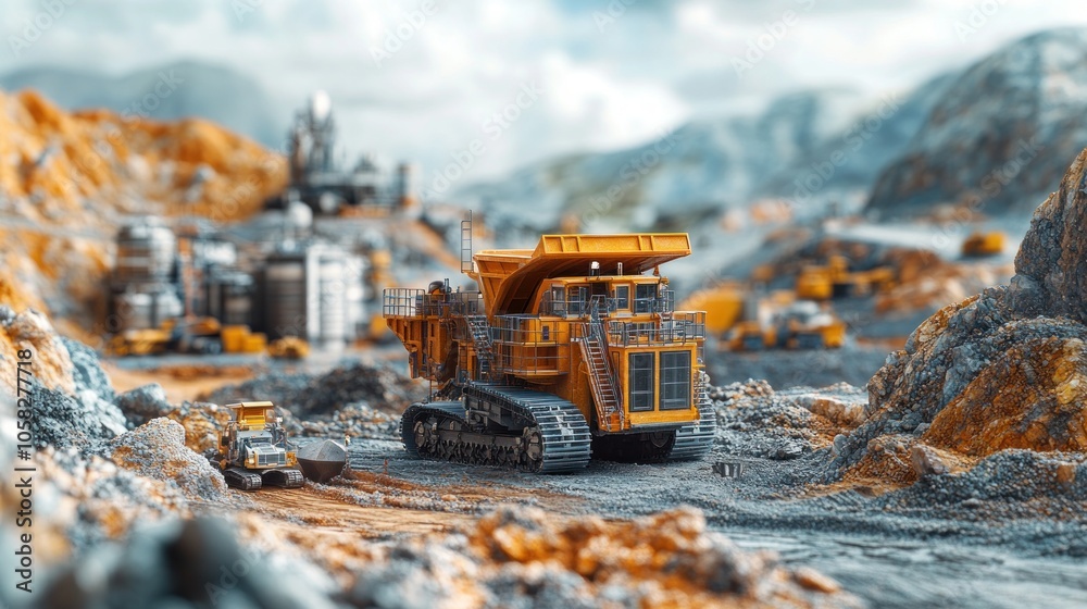 A detailed model of mining machinery in a rugged landscape. A detailed model of mining machinery in a rugged landscape.