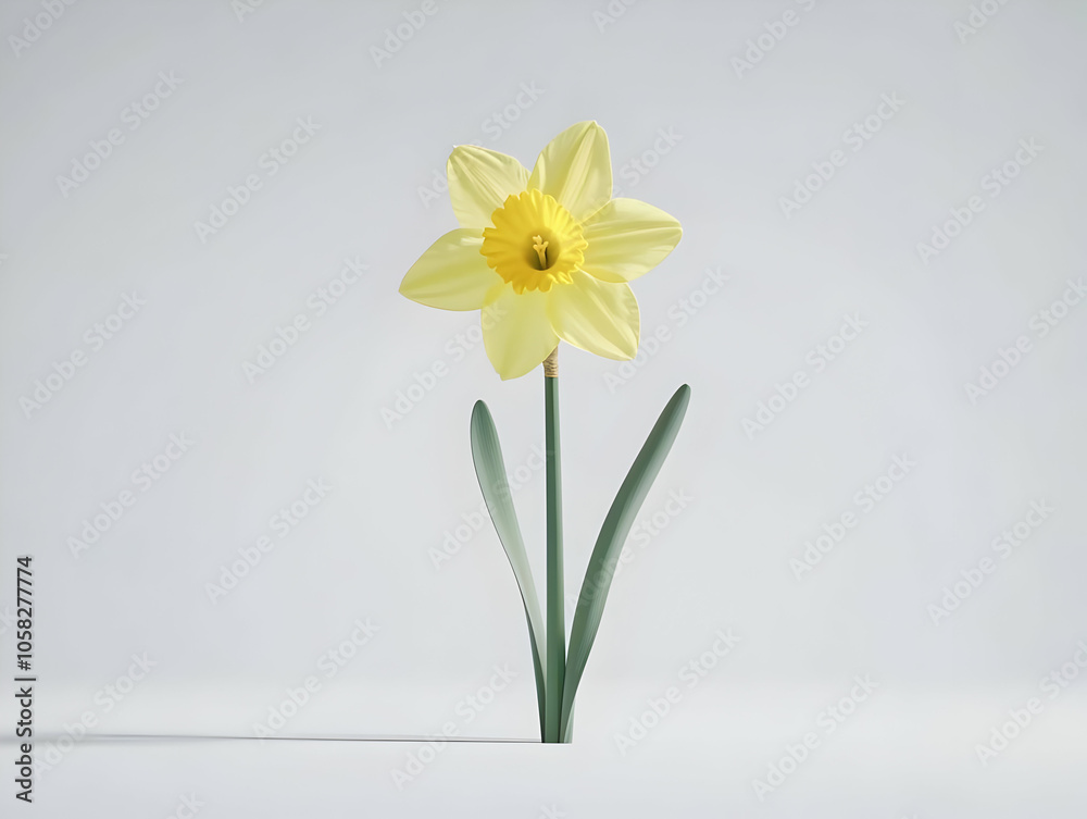 A vibrant yellow daffodil flower stands tall with green leaves against a light background.