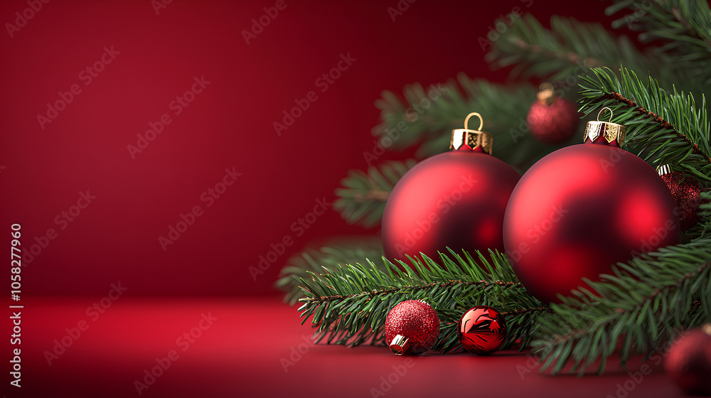 Elegant red background with 3D Christmas baubles and fir branches, holiday theme Elegant red background with 3D Christmas baubles and fir branches, holiday theme