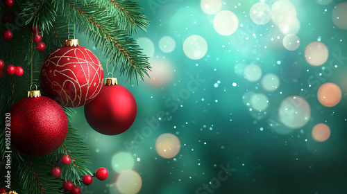 Festive Christmas background with 3D red ornaments and green pine branches, vibrant holiday colors