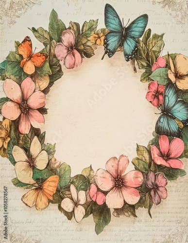 Butterfly wreath with vibrant pink flowers on vintage background
 photo