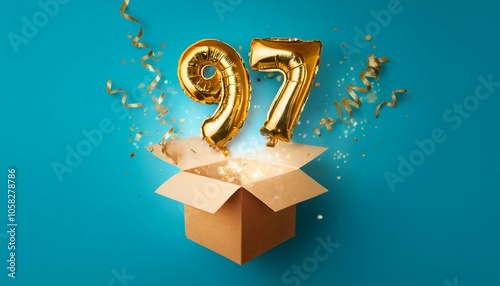 Number 97 birthday balloon celebration gift box lay flat explosion photo