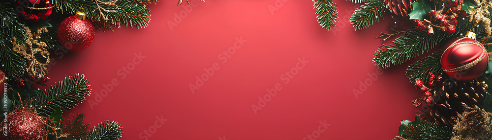 Obraz premium Festive red Christmas frame with green pine and shiny 3D ornaments.