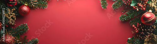 Wallpaper Mural Festive red Christmas frame with green pine and shiny 3D ornaments. Torontodigital.ca