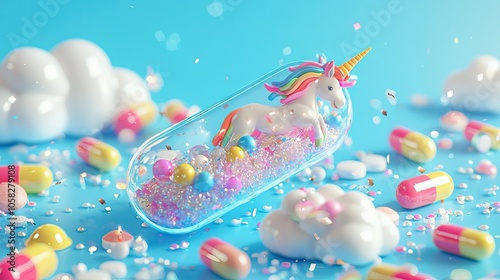 a gel pill capsule that is clear and filled giltter, toys, clouds, unicorn, creativity, fun, imaginative, forty-five degree angle, hyper realistic photo