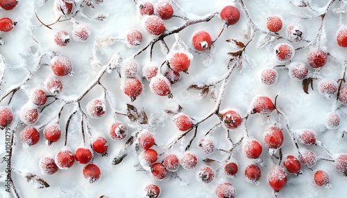 Snow-Covered Red Berries on a Branch in Winter photo