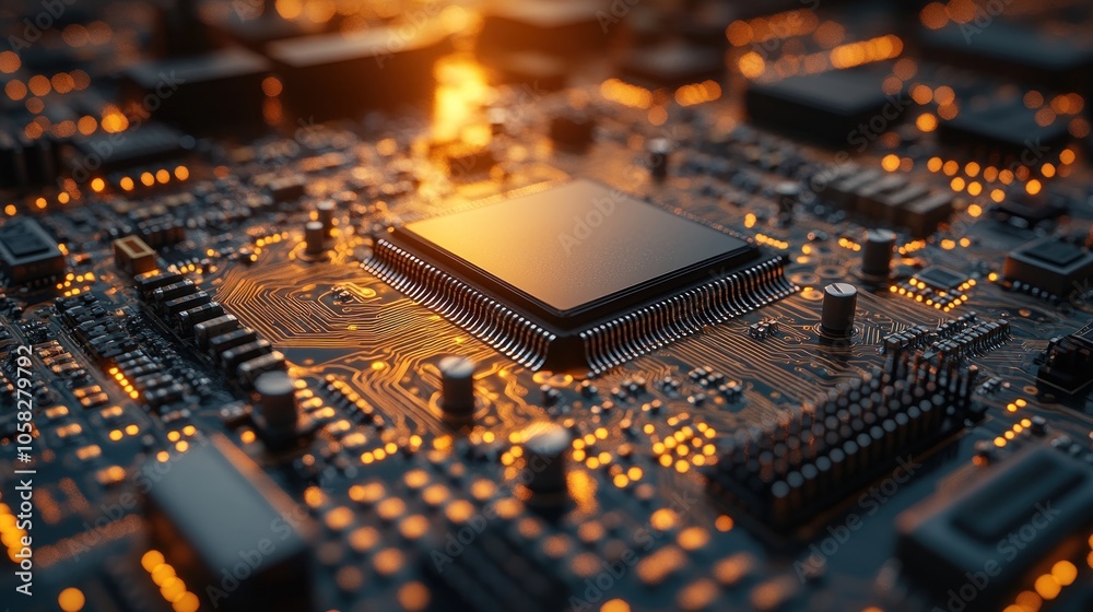 Close-up of a computer circuit board with a central processor. Close-up of a computer circuit board with a central processor.