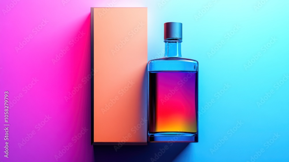 Colorful bottle and box against a vibrant gradient background. Colorful bottle and box against a vibrant gradient background.