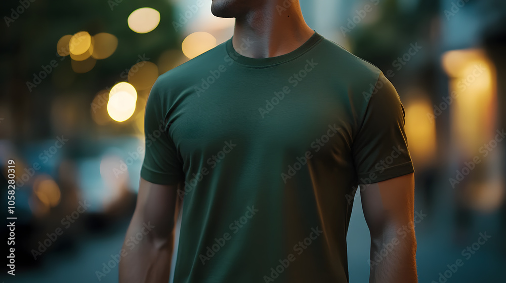 Urban apparel mockup of man in plain green army t-shirt, chest-up view in city setting Urban apparel mockup of man in plain green army t-shirt, chest-up view in city setting