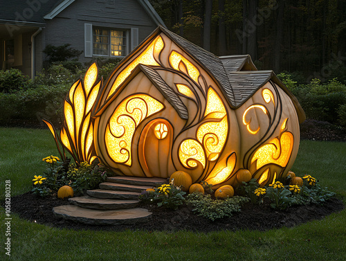 carved jack-o-lantern with a detailed scene inside. The carving is of a house with trees and a river running through it, with a lighted interior. photo