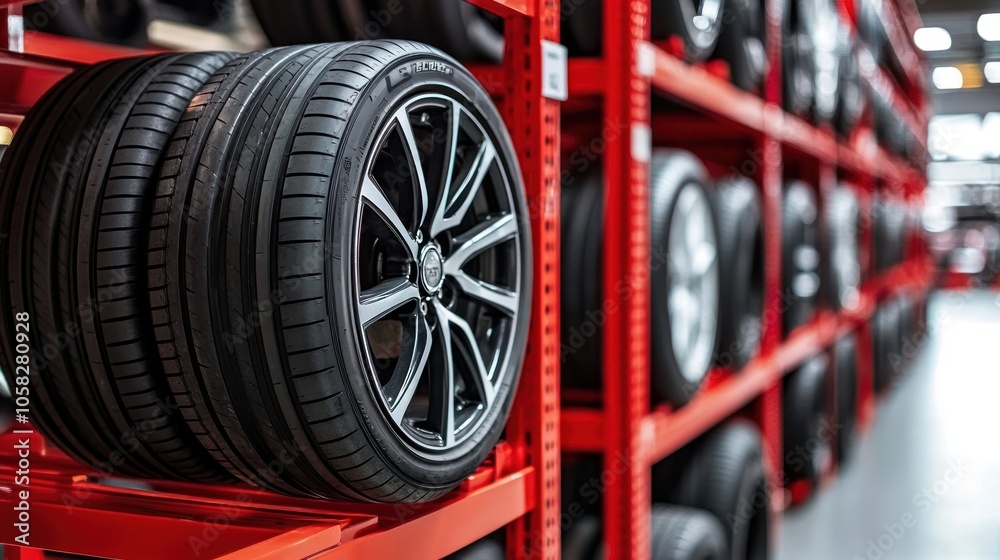 A display of tires on red shelving in a storage or retail environment. A display of tires on red shelving in a storage or retail environment.