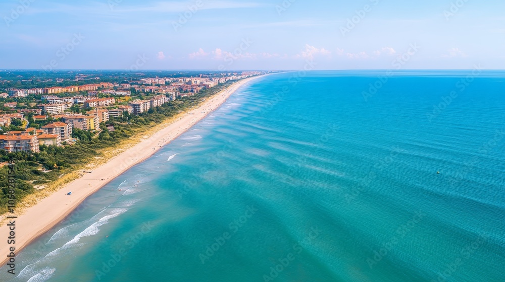 Fototapeta premium Adriatic Sea near town of Lignano Sabbiadoro Italy. Sea top coastline in Italy, Europe during summer sunny day. Turquoise blue water color Beautiful morning aerial view of empty sandy beach and waves.