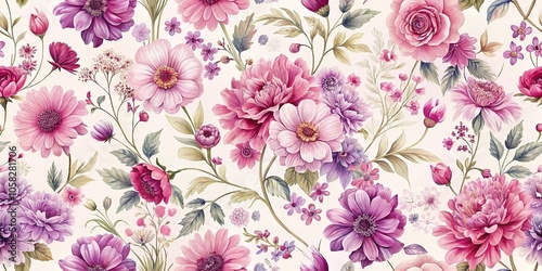 A seamless floral wallpaper with intricate details of various blooming flowers in shades of pink and purple against a soft white background, nature, wallpaper, art, floral pattern