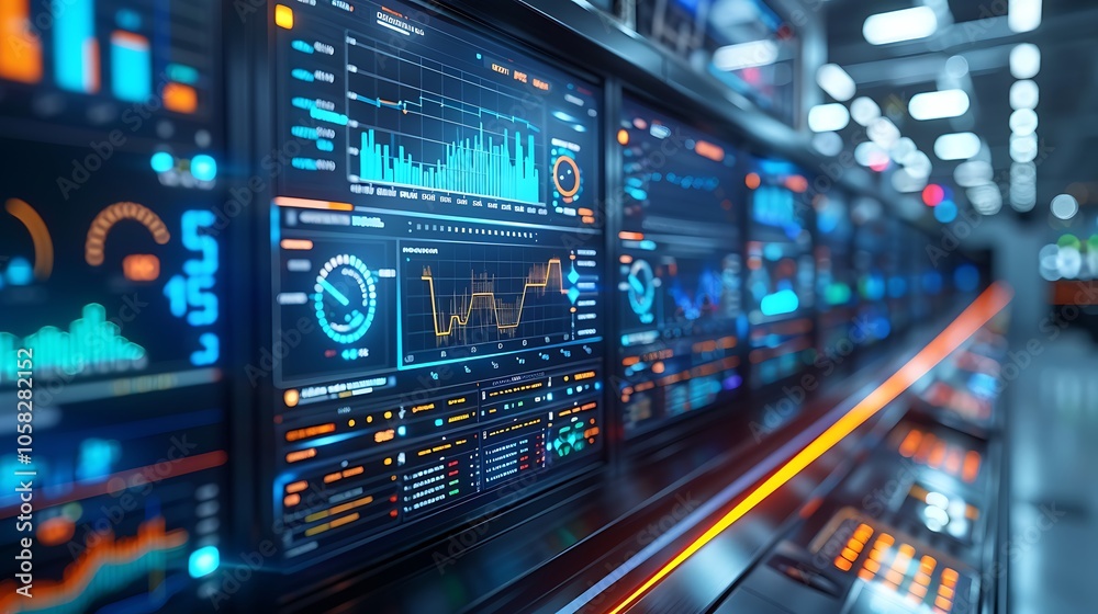 A futuristic control room filled with illuminated screens displaying data analytics and graphs in vibrant colors. A futuristic control room filled with illuminated screens displaying data analytics and graphs in vibrant colors.