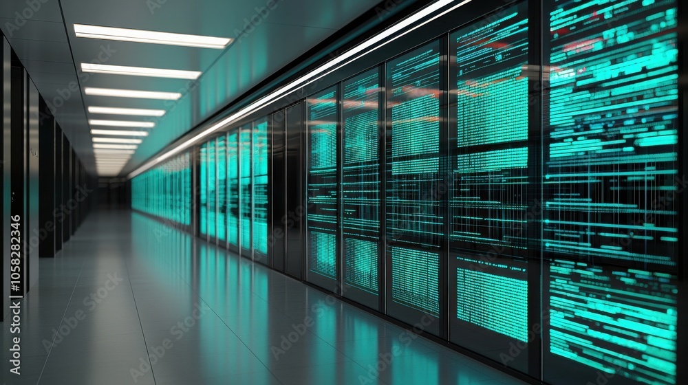 A technology-focused corridor featuring glowing server racks, emphasizing advanced data storage and processing within a modern facility. A technology-focused corridor featuring glowing server racks, emphasizing advanced data storage and processing within a modern facility.