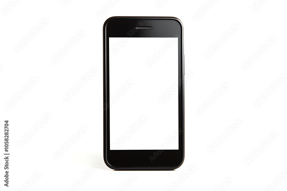 Black smartphone with blank white screen isolated on white background, ideal for showcasing mobile apps or websites Black smartphone with blank white screen isolated on white background, ideal for showcasing mobile apps or websites