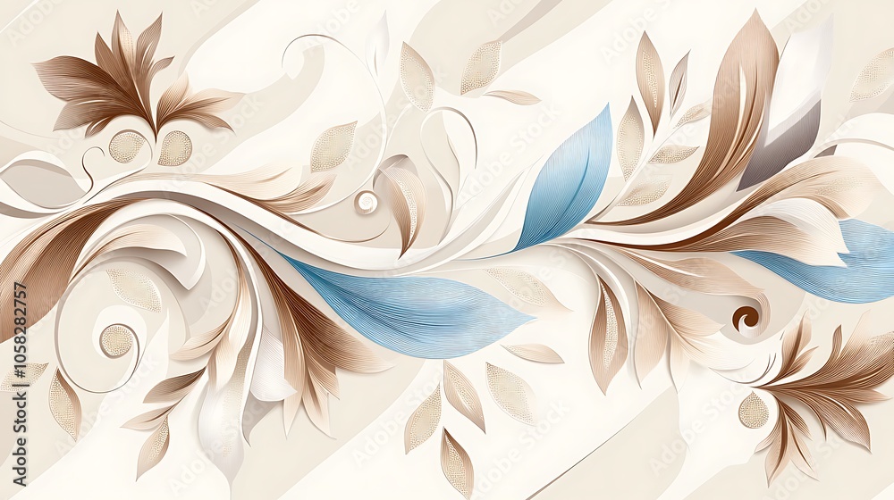 Fototapeta premium A stunning wallpaper design featuring a floral background with intricate flowers in light blue and warm earth tones, creating a tranquil and inviting atmosphere.