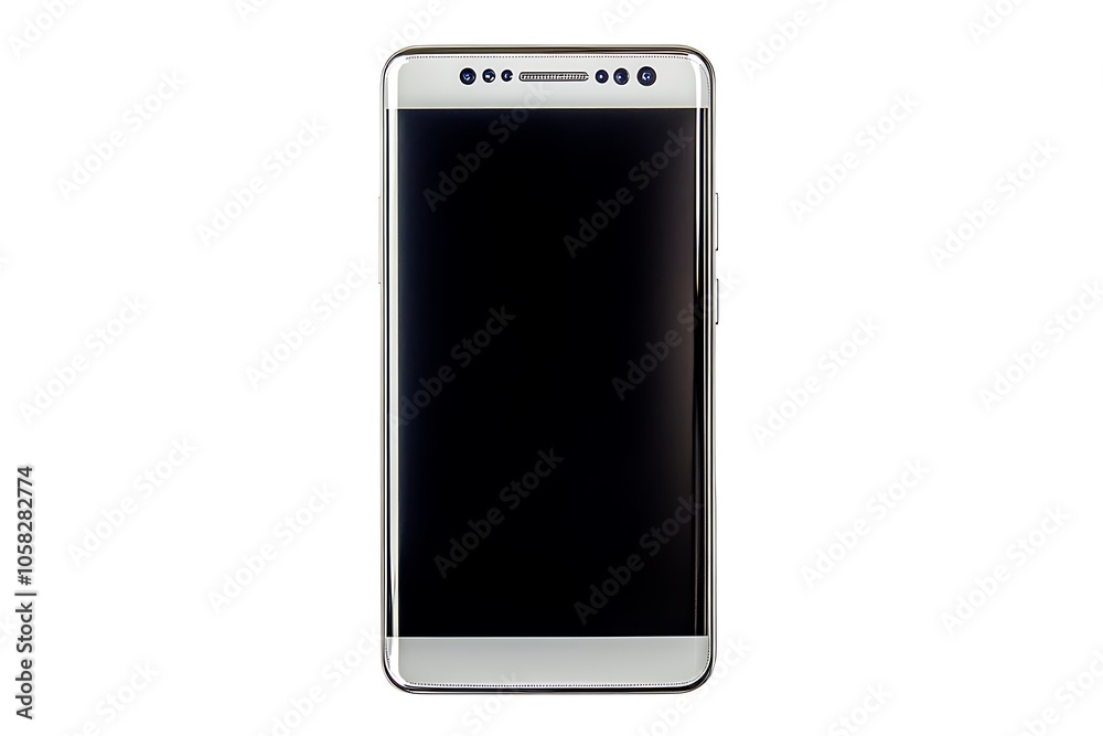 Modern smartphone with blank screen isolated on a white background, showing its sleek design Modern smartphone with blank screen isolated on a white background, showing its sleek design