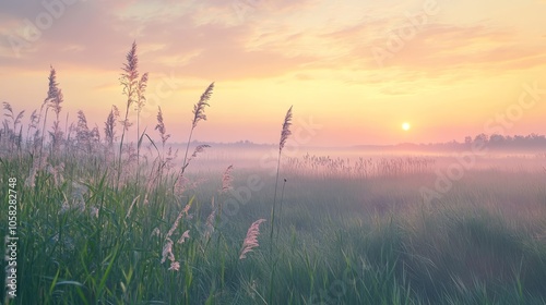 A view of the wildlife landscape at Kinburn Spit at sunrise. In the foreground is tall grass. Ukraine